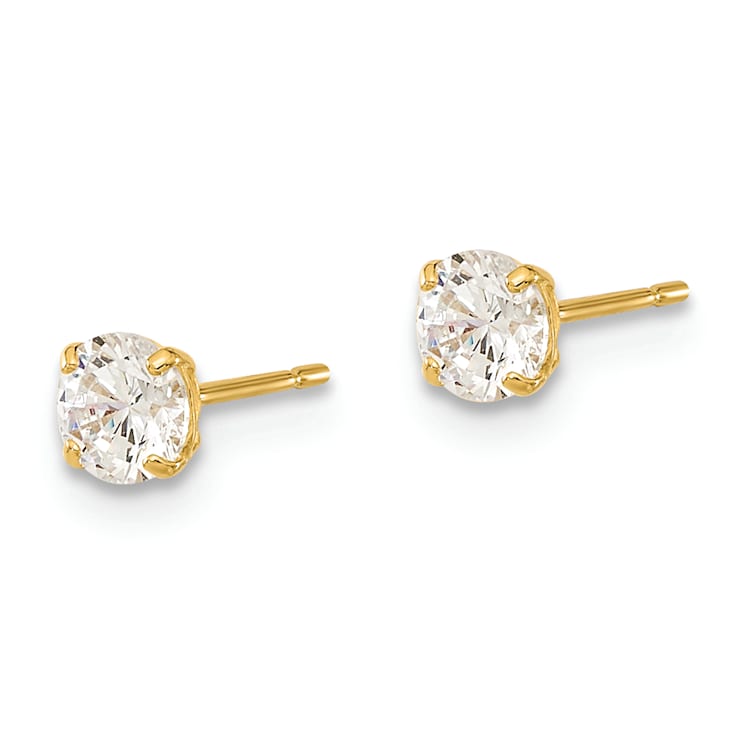 14K Yellow Gold 4mm Round Cubic Zirconia Basket Set Stud Earrings