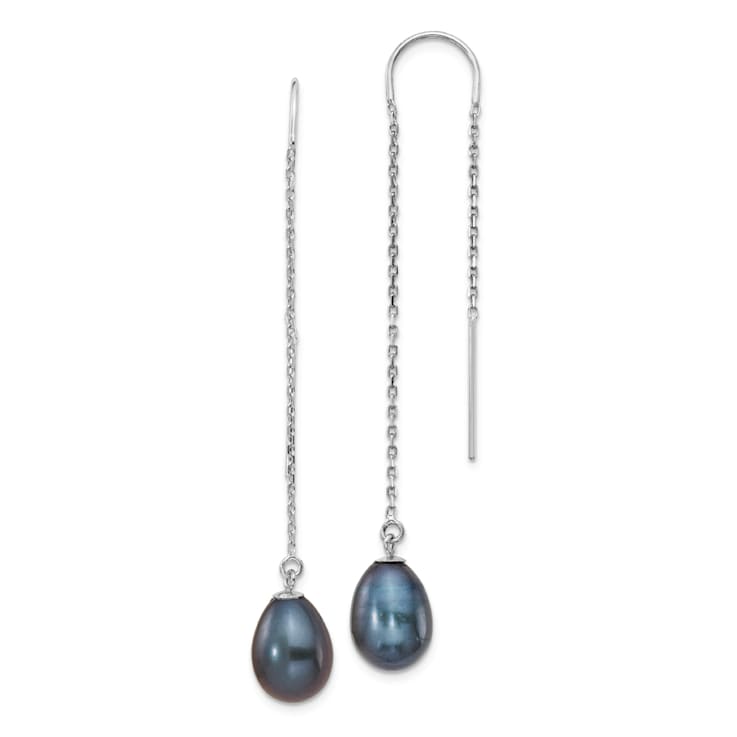 Rhodium Over 14K White Gold 7-8mm Black Teardrop Freshwater Cultured
Pearl Threader Earrings