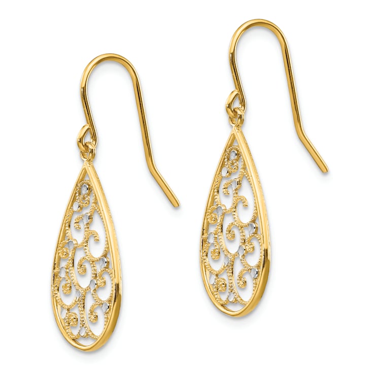 14k Yellow Gold and Rhodium Over 14k Yellow Gold Filigree Textured
Teardrop Dangle Earrings