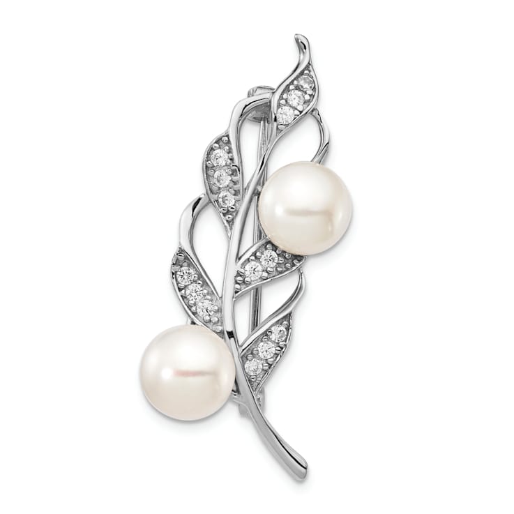 Sterling Silver Rhodium-plated 7-8mm White Button FWC Pearl Cubic
Zirconia Brooch