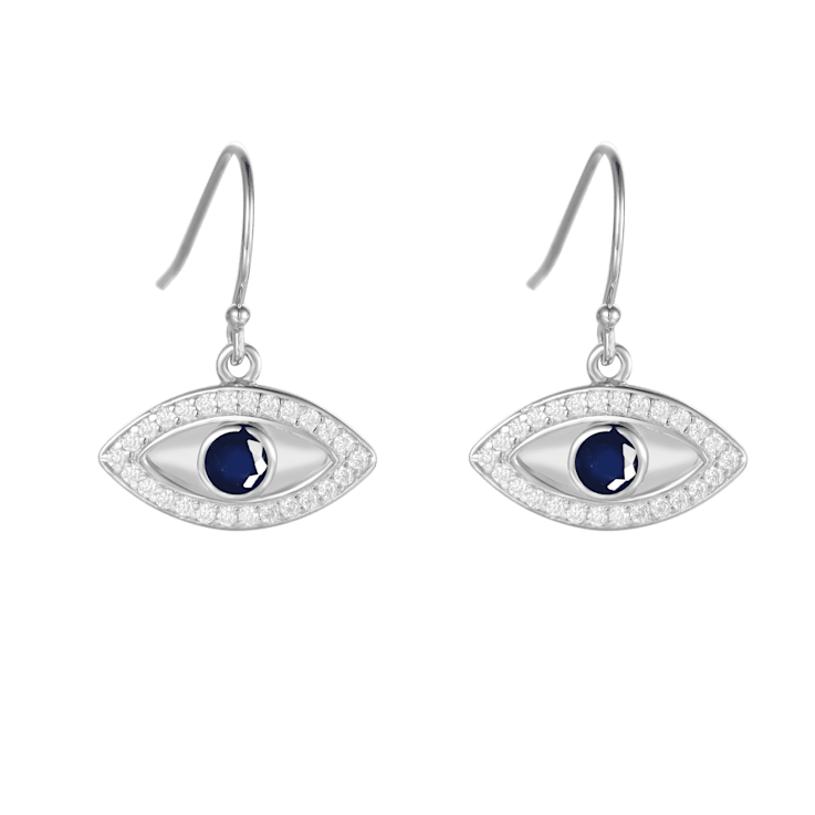 Blue Sapphire Rhodium Over Sterling Silver Evil Eye Earrings