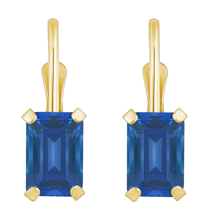 6x4mm Emerald Cut Created Sapphire 10k Yellow Gold Drop Earrings