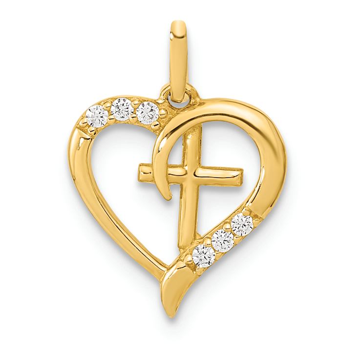 14k Yellow Gold Polished Cubic Zirconia Open Heart with Cross Pendant