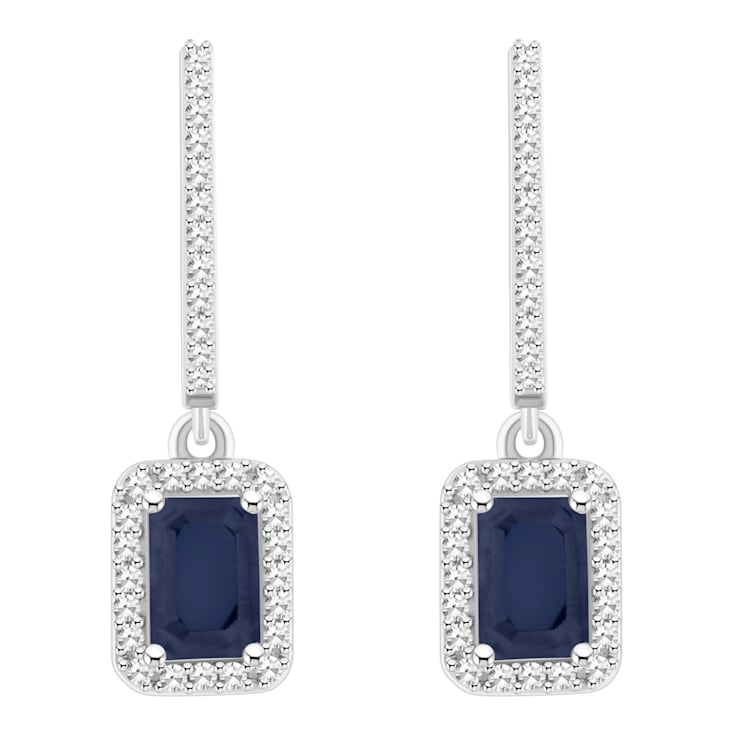 6x4mm Emerald Cut Sapphire 1/3 ctw Diamond Rhodium Over Sterling Silver
Halo Dangle Earrings