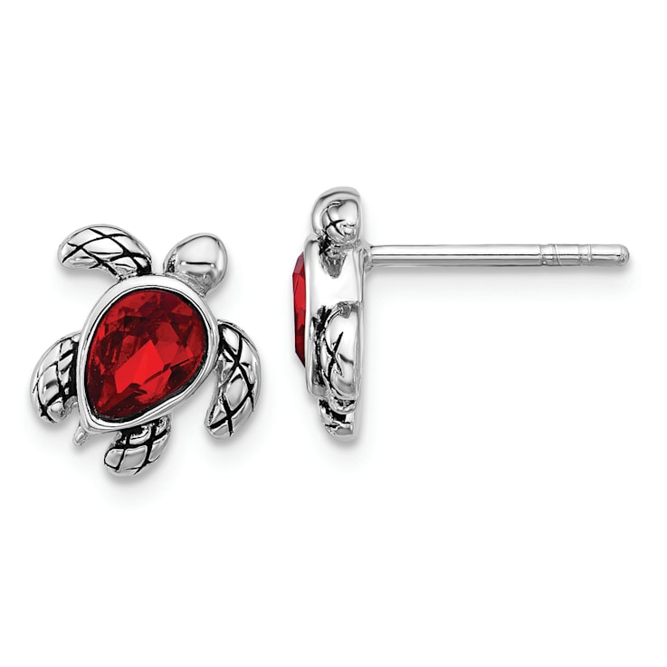 Rhodium Over Sterling Silver Antiqued Crystal July Birthstone Turtle Earrings