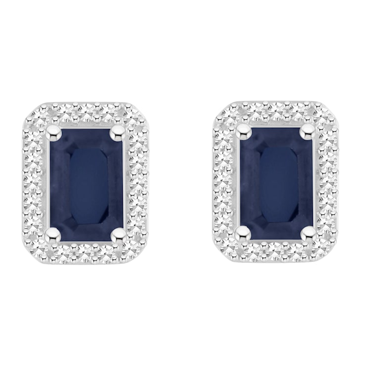 6x4mm Emerald Cut Sapphire 1/5 ctw Diamond Rhodium Over Sterling Silver
Halo Stud Earrings