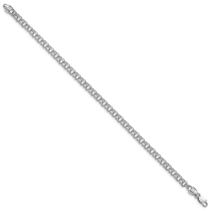 Rhodium Over 14k White Gold 3.75mm Solid Diamond-Cut Double Link Charm Bracelet