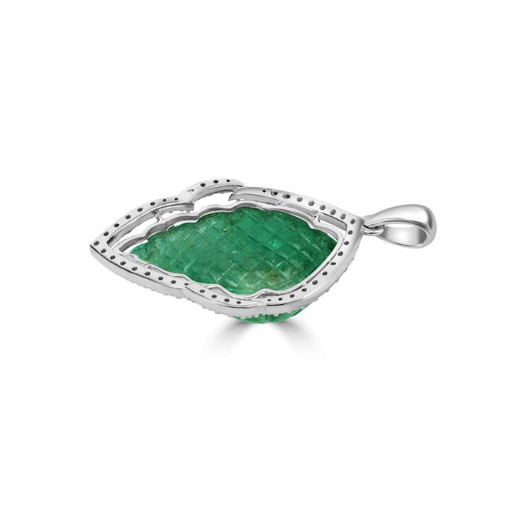 46.63 Ctw Carved Emerald 1.21 Ctw White Diamond Pendant in 18K WG