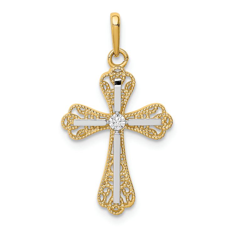 14K Two-tone Gold  Textured Cubic Zirconia Cross Pendant