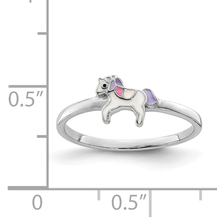 Rhodium Over Sterling Silver Multi-color Enameled Unicorn Children's Ring