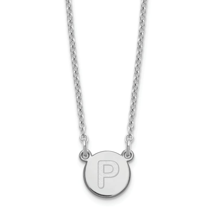Rhodium Over Sterling Silver Tiny Circle Block Letter P Initial Necklace