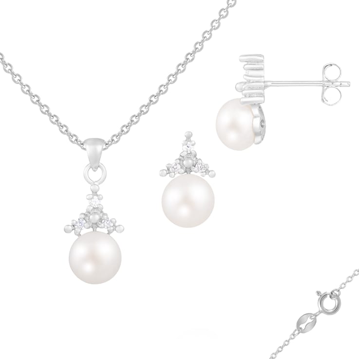 6-7mm Button White Freshwater Pearl and CZ Rhodium Over Sterling Earring
and Pendant W/Chain Set