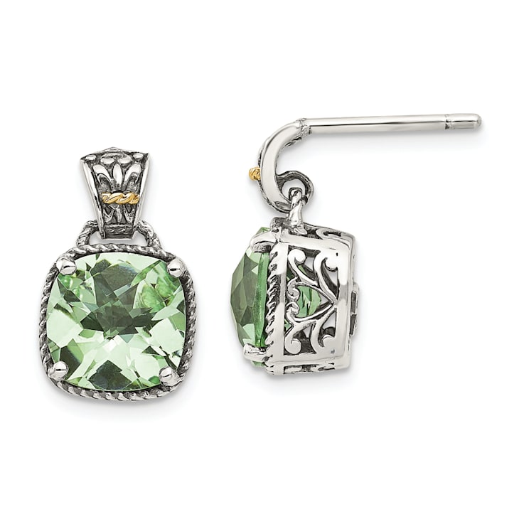 Sterling Silver Antiqued with 14K Accent Prasiolite Earrings