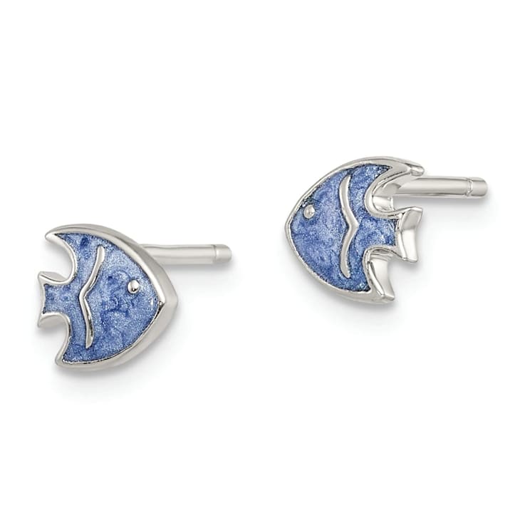 Rhodium Over Sterling Silver Blue Enamel Fish Childs Post Earrings
