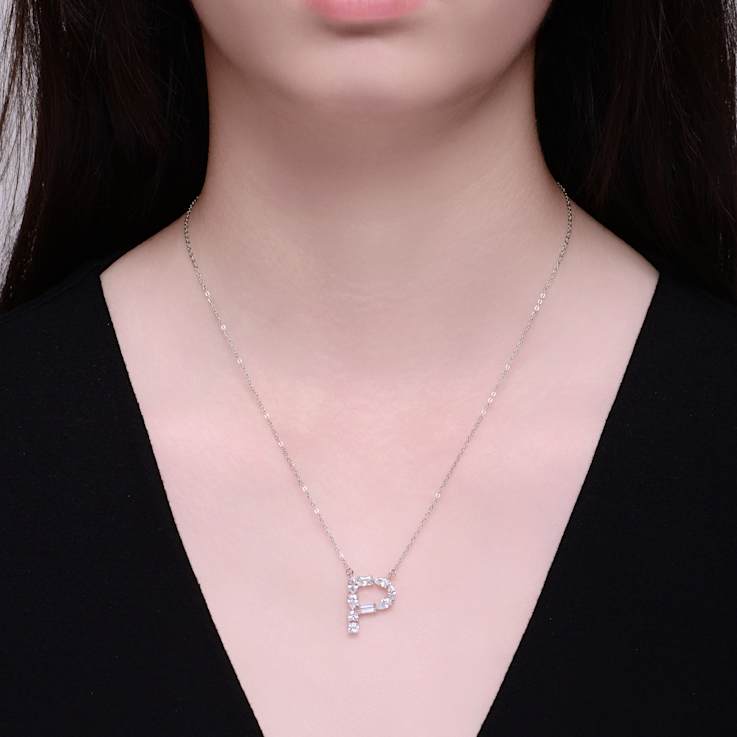 Initial P Mixed Cut CZ Pendant Necklace In Sterling Silver 18 Inch