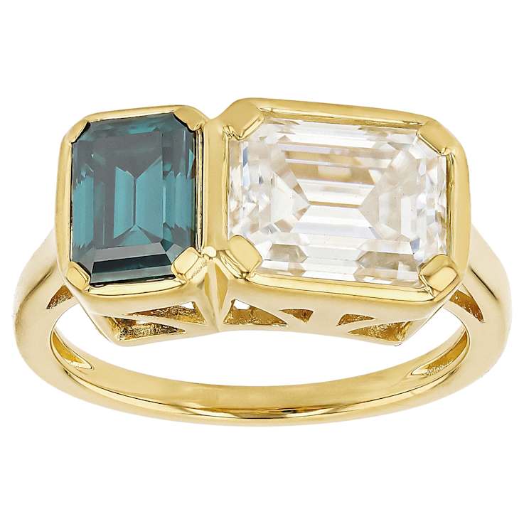 Emerald Green And Colorless Moissanite Two-Stone Ring In 14K Gold Over
Sterling Silver