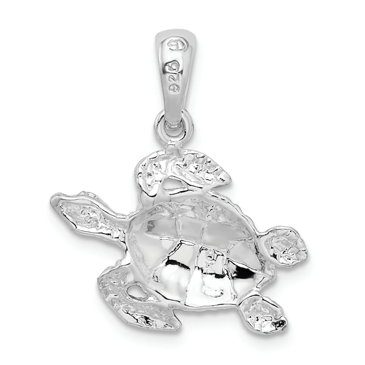 Rhodium Over Sterling Silver Polished Enameled Sea Turtle Pendant