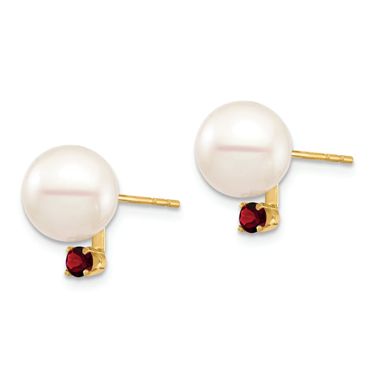 14K Yellow Gold 8-8.5mm White Round Freshwater Cultured Pearl Garnet
Post Earrings