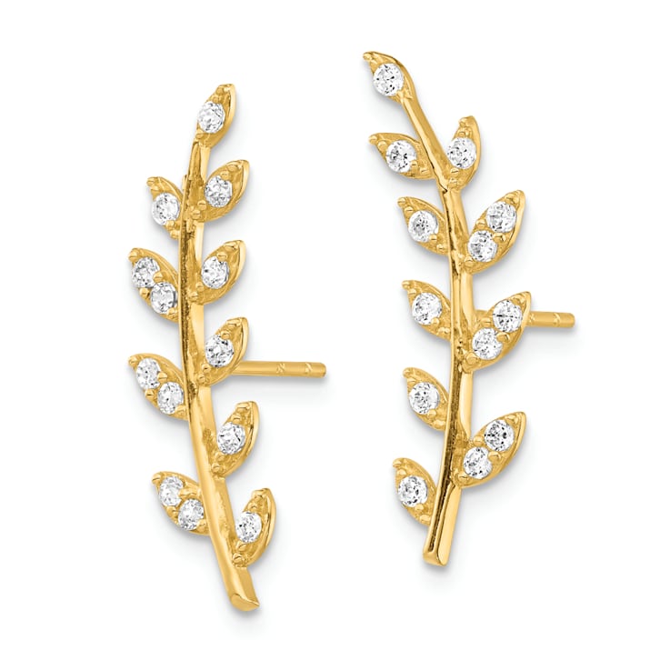 14K Yellow Gold CZ Fern Ear Climber Earrings