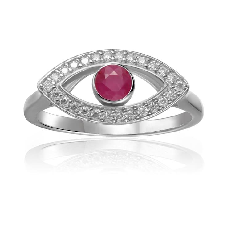 Ruby with Moissanite Accents Rhodium Over Sterling Silver Evil Eye Halo Ring
