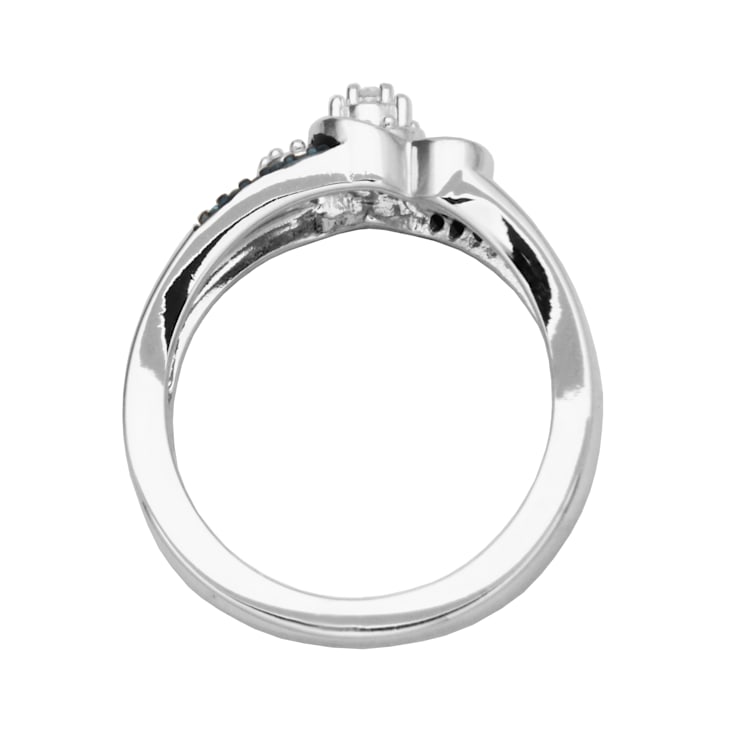 Blue And White Diamond Rhodium Over Sterling Silver Double Heart Ring