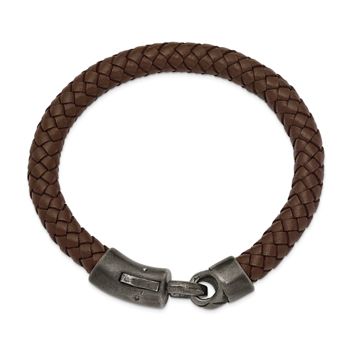 Brown Leather and Stainless Steel Antiqued Grey-plated 8.25-inch Bracelet