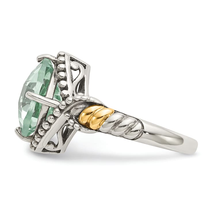 Sterling Silver with 14K Accent Antiqued Prasiolite Cushion Ring