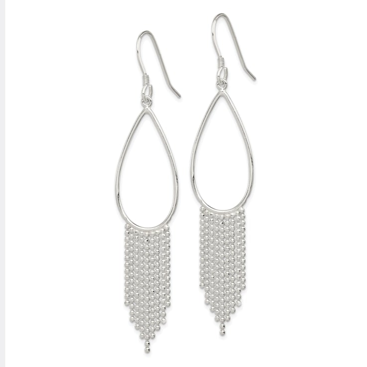 Sterling Silver Polished Teardrop and Beaded Chain Dangle Earrings