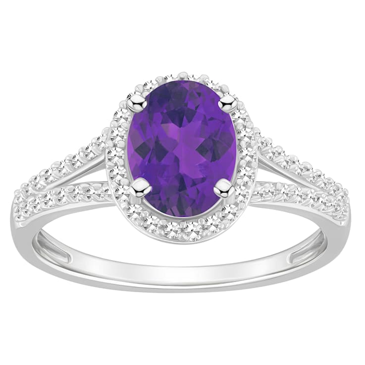 8x6mm Oval Amethyst 1/4 ctw Diamond Rhodium Over Sterling Silver Halo Ring