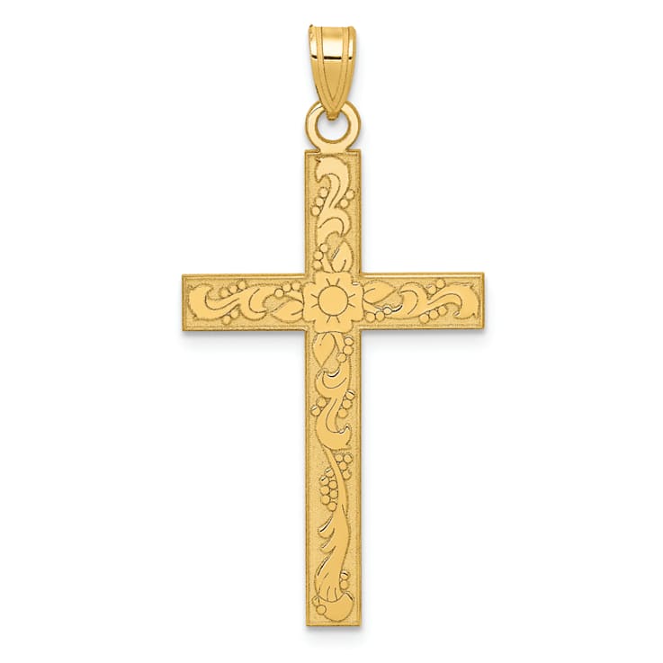 14k Yellow Gold Textured Etched Floral Cross Pendant