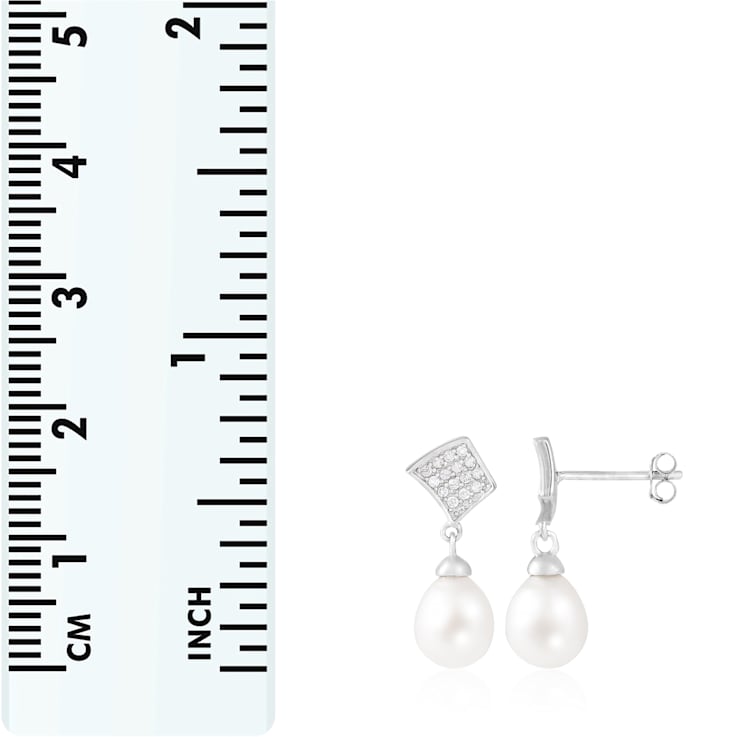 7½-8mm White Cultured Freshwater Pearl and Cubic Zirconia Rhodium Over
Sterling Silver Earrings