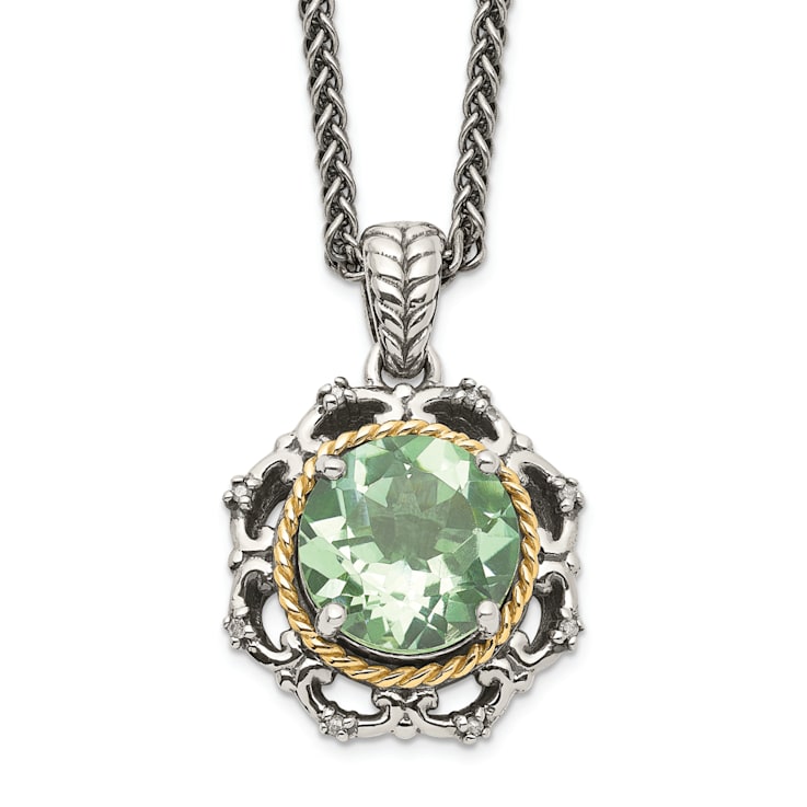 Sterling Silver with 14K Accent Antiqued Green Quartz and Diamond Necklace