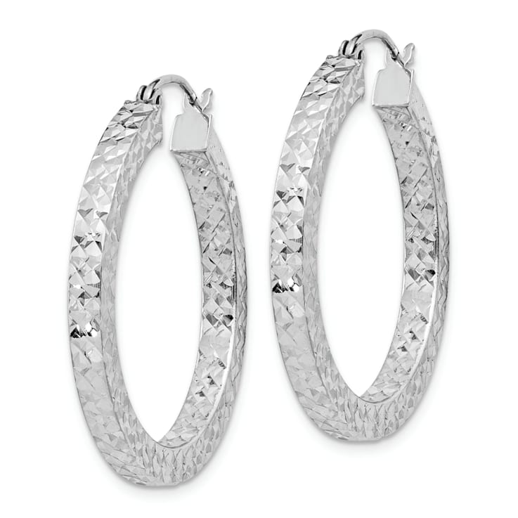 Rhodium Over Sterling Silver Diamond-cut 3x30mm Square Tube Hoop Earrings