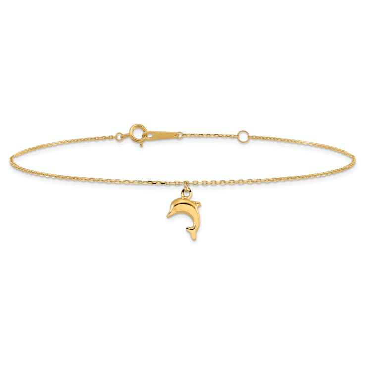 10k Yellow Gold Dolphin Charm Cable Link Anklet