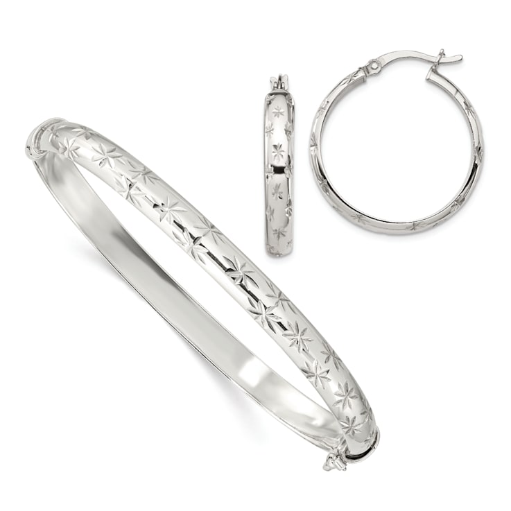 Sterling Silver Diamond-cut 6mm Bangle and 4mm Hoop Earring Set