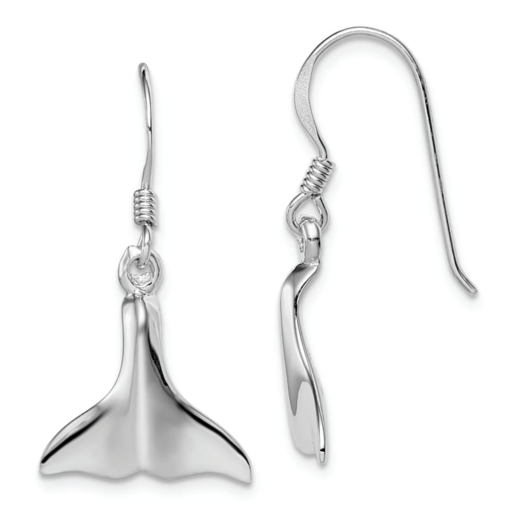 Rhodium Over Sterling Silver Polished Whale Tail Dangle Earrings
