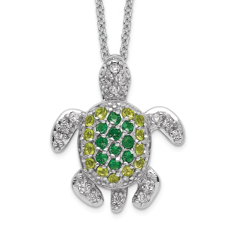 Rhodium Over Sterling Silver Green Glass and Cubic Zirconia Turtle Necklace