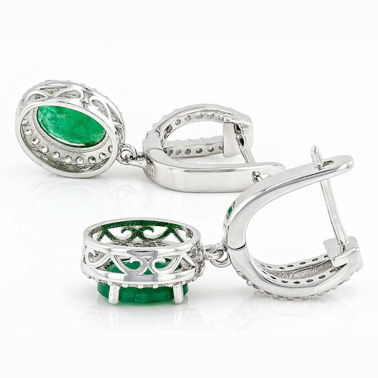 Emerald And Zircon Drop Earrings In Sterling Silver