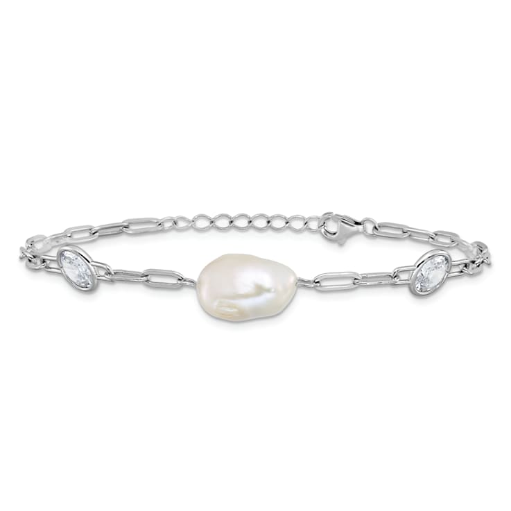 Rhodium Over Sterling Silver Cubic Zirconia and Pearl Link with
0.75-inch Extension Bracelet