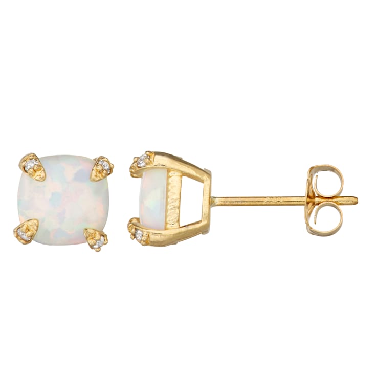 Square Cushion Lab Created Opal 10K Yellow Gold Stud Earrings 0.94ctw