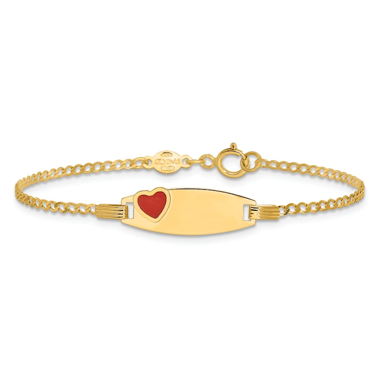 14k Yellow Gold Polished Kids ID with Red Enameled Heart Bracelet