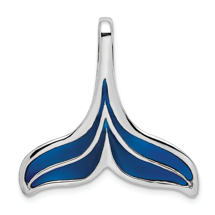 Rhodium Over Sterling Silver Polished Enameled Blue Whale Tail Slide Pendant
