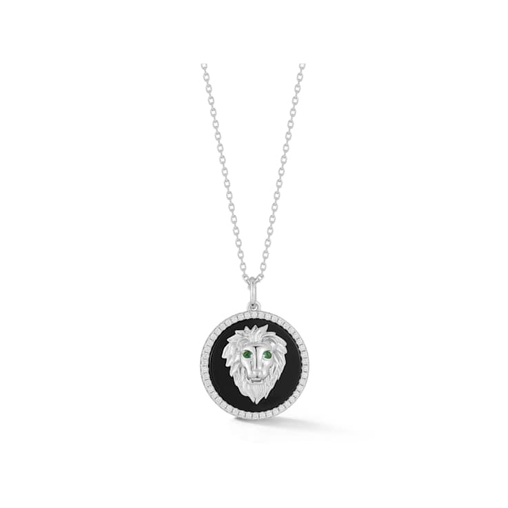 Rachel Zoe Black Agate CZ 3D Lion Head Medallion Necklace in Rhodium
Over Sterling Silver