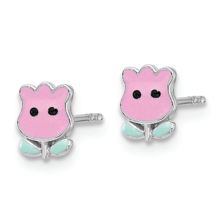 Rhodium Over Sterling Silver Enamel Tulip Children's Post Earrings