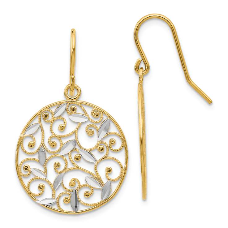 14k Two-tone Diamond-Cut Texture Filigree Circle Dangle Earrings