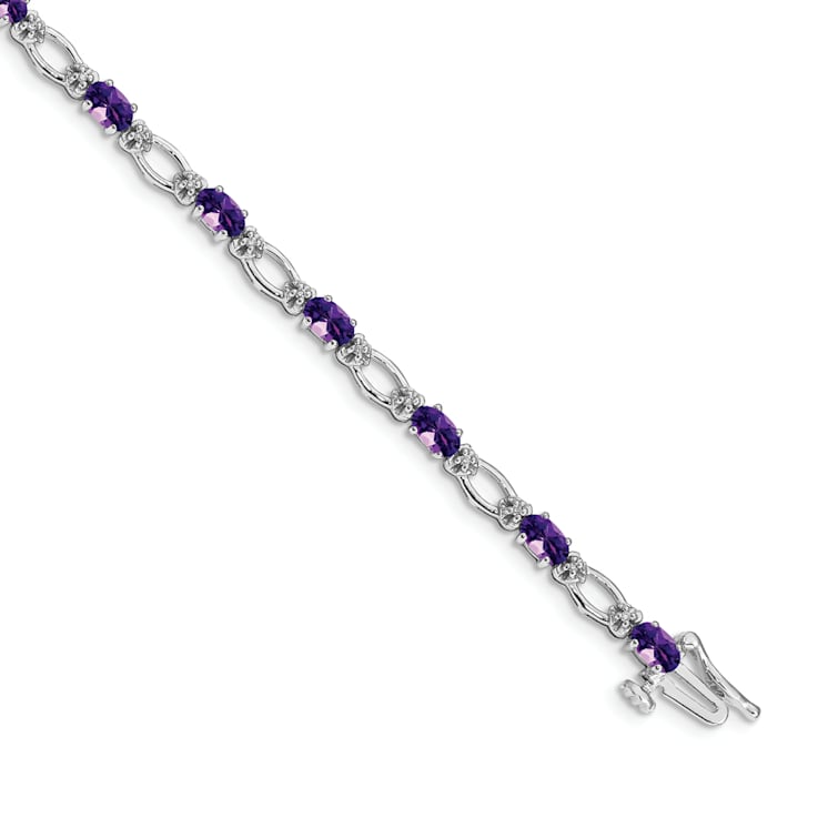 Rhodium Over 14k White Gold Diamond and Amethyst Bracelet