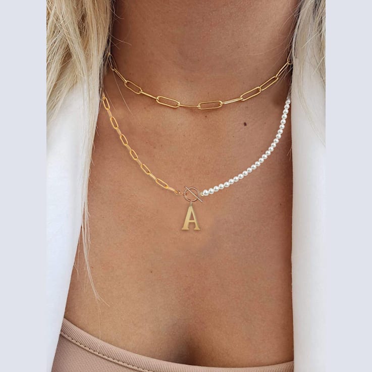 14K Gold Over Brass Initial Pearl Simulant Link Chain Necklace Letter A