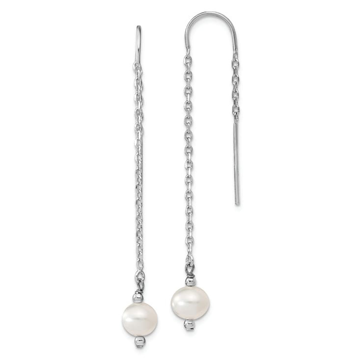 Rhodium Over Sterling Silver  6-7mm White Freshwater Cultured Pearl
Threader Earrings