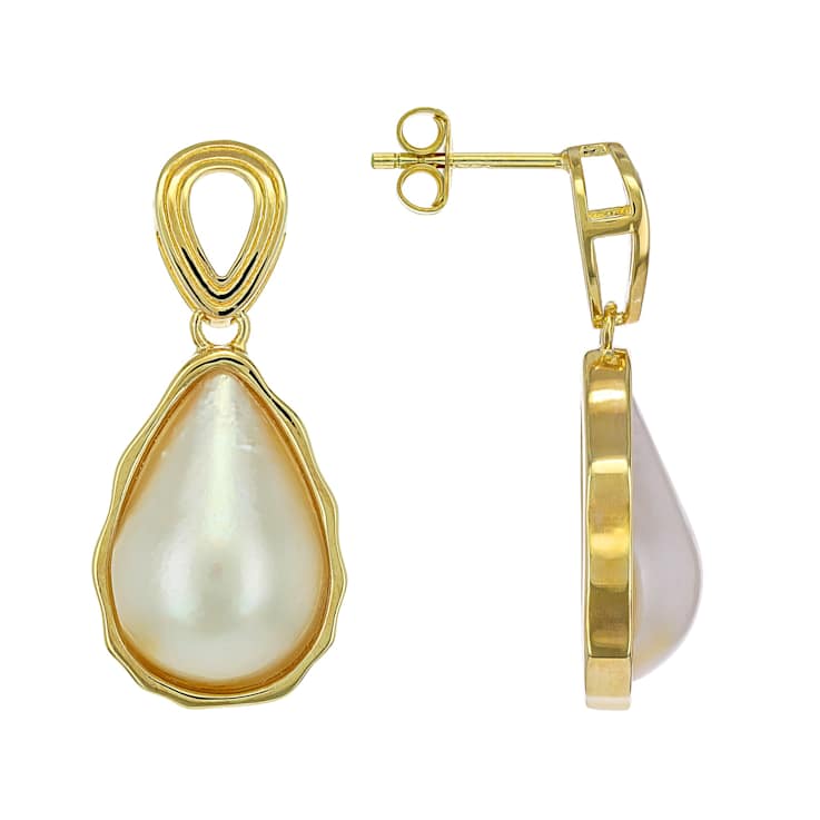 Large South Sea Mabe Pearl Drop Earrings In 18K Gold Over Sterling Silver