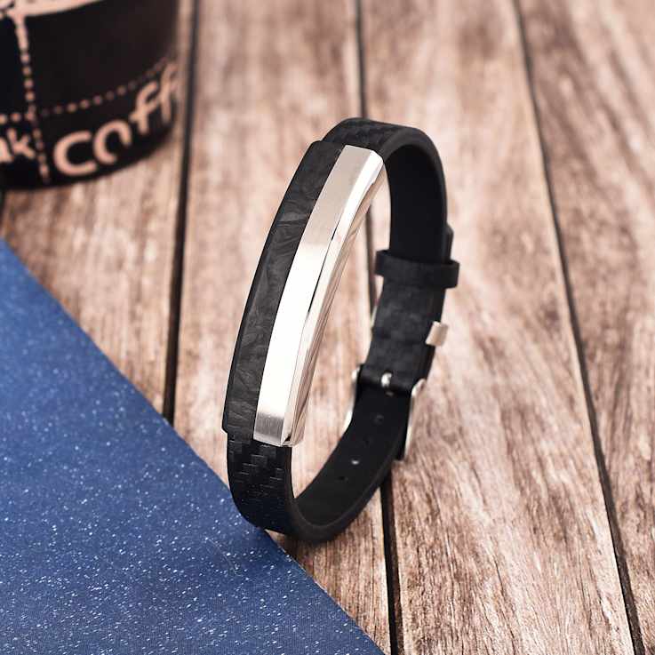 Mens Black Leather, Stainless Steel and Carbon Fiber Bracelet